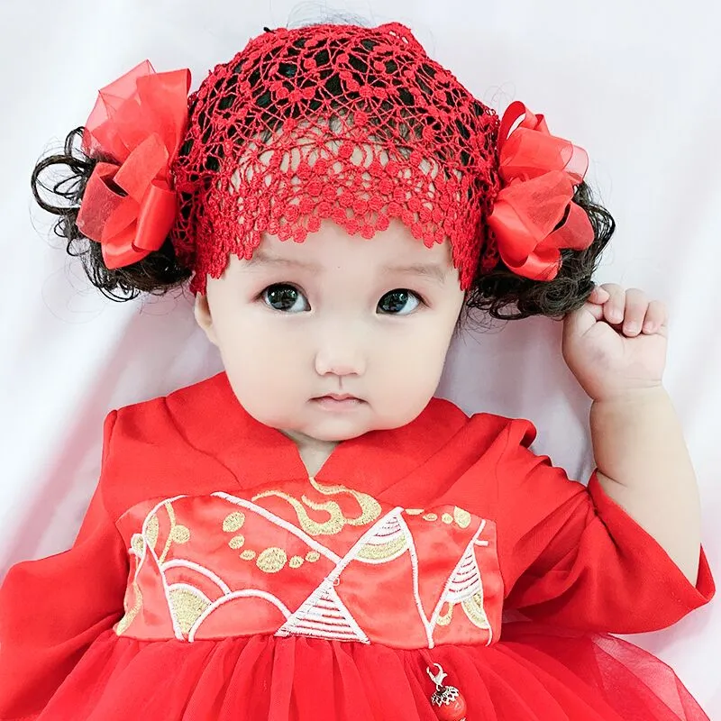 Korean Style Baby Girl Wig Hair Accessories Hair Net Hair Band 100 Days Old  One Year Old Bow Photography Red Pink | Lazada PH
