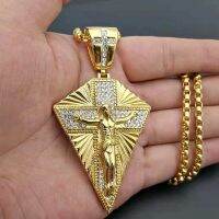 Mens Stainless Steel Gold Colorblock Rhinestone Cross Jesus Cross Pendant