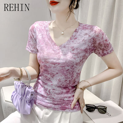 REHIN เสื้อแขนสั้นพิมพ์ลายตาข่ายฤดูร้อนแฟชั่นผู้หญิงเข้ารูปพอดีเสื้อยืดคอวี S-3XL สไตล์เกาหลี