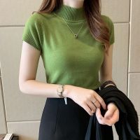 COD tjjs079 T-shirt Womens Spring / Summer New Half-half-collar Bottomed Tee Large Size Thin Short Sleeve Knitted Top