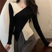 Knitted Sweaters For Women In Autumn And Winter New Fashion Design Niche Slim Contrast Color Cross V-Neck Long-Sleeved Chic Tops Trendy