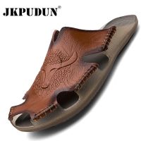 Summer Genuine Leather Mens Sandals Classic Breathable Slip-On Sandals Men Casual Beach Shoes Outdoor Slippers Plus Size 38-48 House Slippers