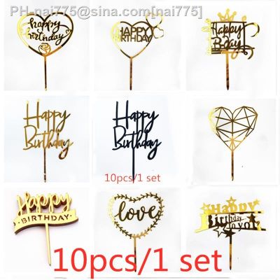 10pcs/set Love Happy Birthday Cake Toppers Gold Acrylic Kids Birhday Cake Topper for wedding Party Cake Decorations Baby Shower