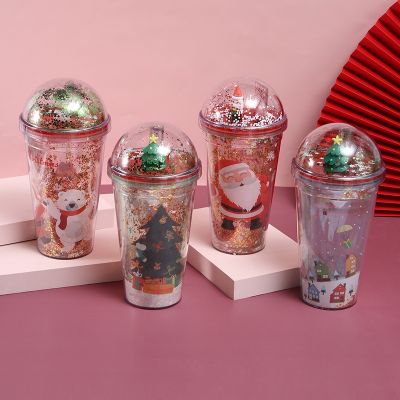 Christmas Water Cup Micro Landscape Plastic Straw Cup Creative Ice Cup Student Couple Christmas Gift Water Bottles