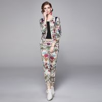 Runway Pants Suit Sets Womens Long Sleeve Floral Print Blue Blouses Tops and Casual Pants Two Pieces Set