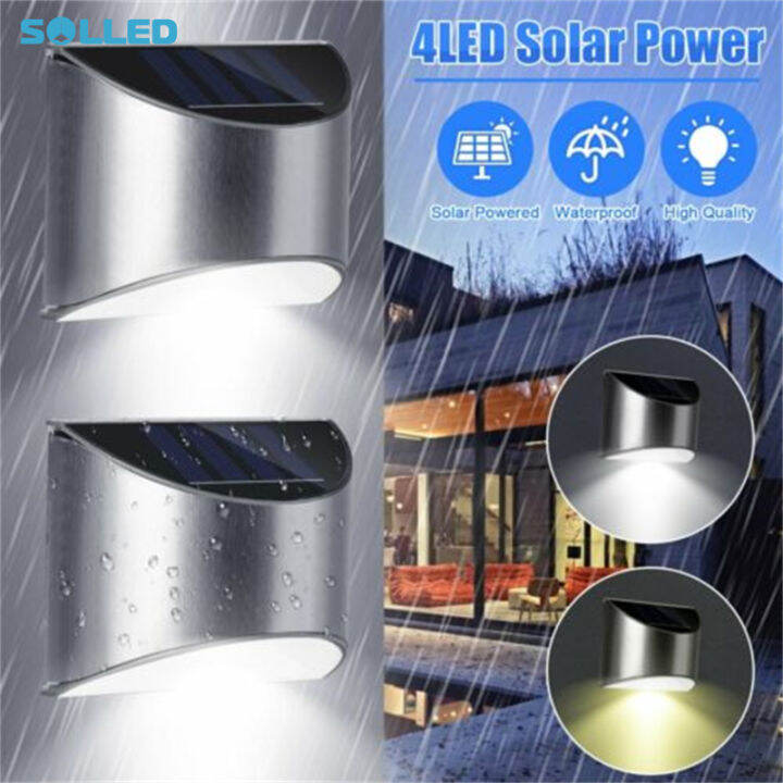 SOLLED 1 Pair Outdoor Solar 4 Led Deck Lights Stainless Steel Fence ...