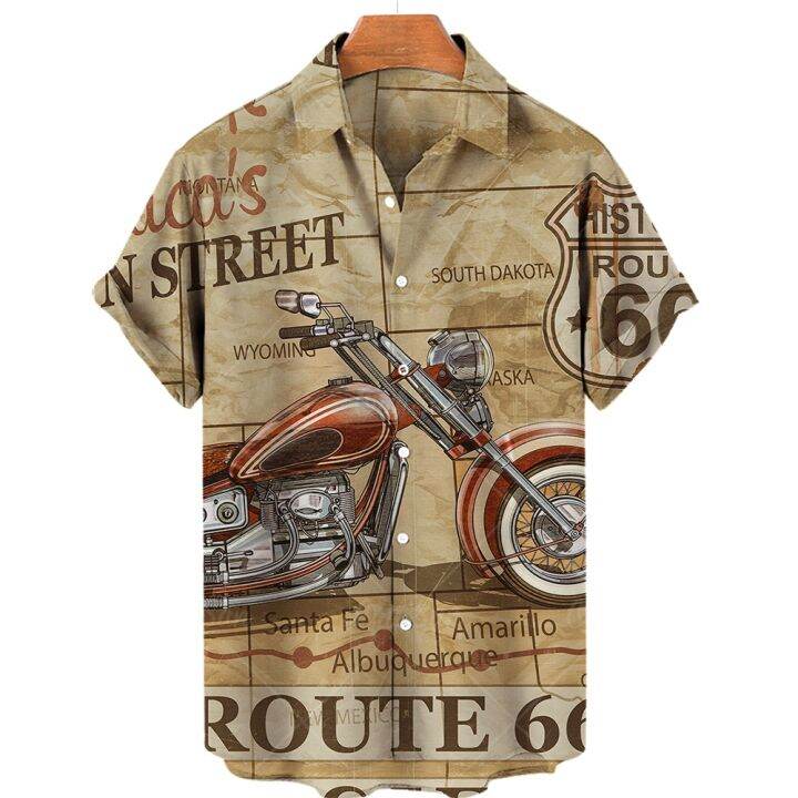 route-เสื้อสำหรับผู้ชายพิมพ์ลาย3d-ธงชาติอเมริกา66เสื้อแบบย้อนยุคกระโปรงหน้าร้อนย้อนยุคเสื้อฮาวายเสื้อแขนสั้นระบายอากาศเสื้อคอปก