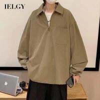 IELGY เสื้อสเวตเตอร์มีปกคอทรงหลวมผู้ชายมีกระเป๋า