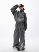 【CC】◙  QWEEK Gorpcore Pant Sets Streetwear 90s Piece Set Oversized Tracksuit Wide Leg Pants Hip Hop Jacket