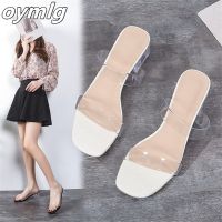 2022summer new fairy style square head medium heel thick high heel transparent belt one word slippers crystal heel sandals women