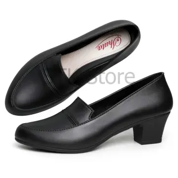 Buy Black Genuine Leather Shoes Chunky Heels online | Lazada.com.ph