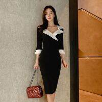 【YF】 Spring New Womens Tailored Collar Black White Splicing Pencil Dress Fashion Slim Sexy Work Office Business Vestidos