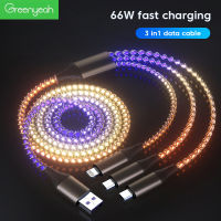 Greenyeah 66W 3 In 1 RGB สีสัน USB ประเภท C สายสายชาร์จเร็วเคเบิลไมโคร USB USB ชาร์จไฟรวดเร็วสายรับส่งข้อมูล Samsung Xiaomi สายสำหรับ iPhone