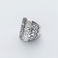 Wide Face Hollow Flower Vintage Open Ring 925 Pure Silver Carving Womens Ring Size Adjustable Opening