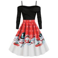 Womens Christmas Fashion Party Casual Snowman Printed Long Sleeve Sling Dress