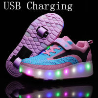 New Pink USB Charging Fashion Girls Boys LED Light Roller Skate Shoes For Children Kids Sneakers With Wheels Two wheels