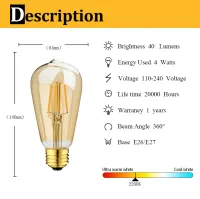 Genixgreen ST64G Vintage LED Filament Bulbs E27 4W 6W 2200K Edison Golden Tint Decorative Lighting Dimmable Led Light Bulb 6PCS