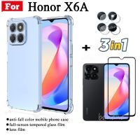 3 In 1 Honor X6A สี่มุมป้องกันโทรศัพท์ตกเคสสำหรับหัวเหว่ยเกียรติยศ X7A X8A ฟิล์มกระจกเทมเปอร์ + สติ๊กเกอร์สกีนด้านหลังเลนส์กล้องถ่ายรูป