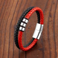 【hot】 New Punk 3 Rings 316L Magnetic Buckle Mens Leather Cord Jewelry