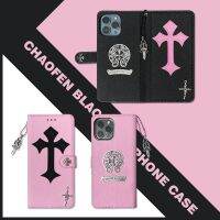 ฝาพับด้านบน iphone เชลล์ trendy brand Chloe Heart Cross เคสโทรศัพท์ฝาพับสีชมพูสำหรับ Apple 12/14/13promax สีดำ