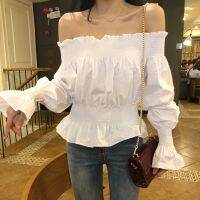 LD Women Off Shoulder Blouse เสื้อเชิ้ตแขนยาวสีทึบสไตล์ลำลองเซ็กซี่ Slim Fit Pullover Tops