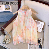 PEAR DODO เสื้อกั๊กลายดอกไม้ชีฟองห้อยคอแบบเกาหลีสำหรับผู้หญิง