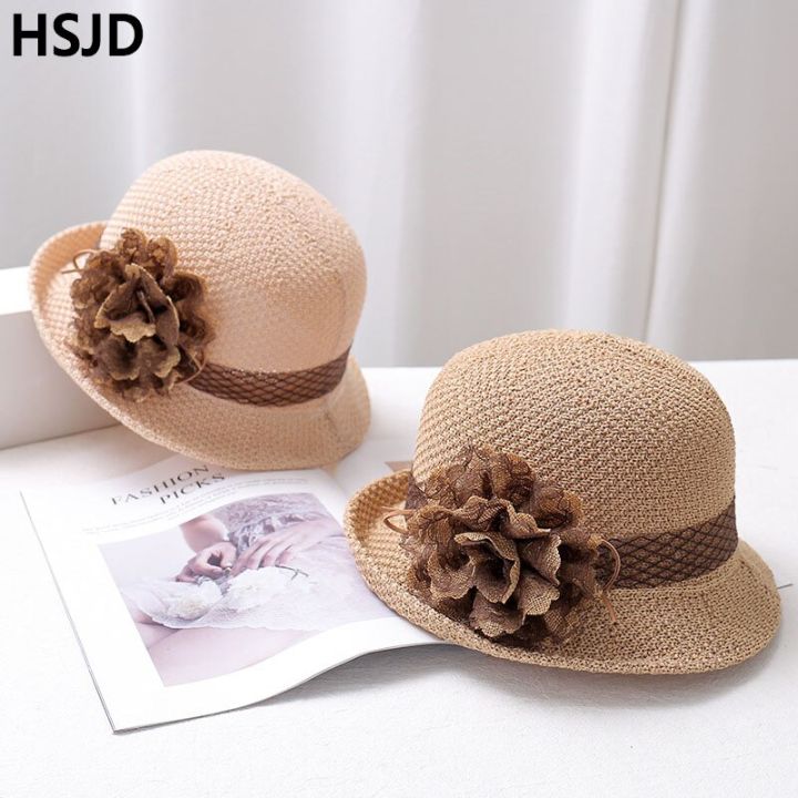 หมวกกว้างแบบกลวงถักสำหรับผู้หญิงใหม่หรูหราฤดูร้อนหมวกลูกไม้พับได้หมวกกันแดดและกะบังหน้าหมวกชายหาด