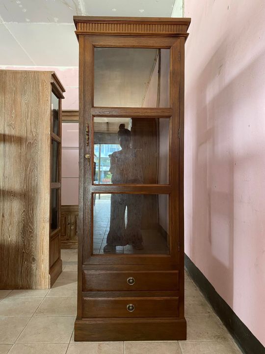 สีเสี้ยนดำ-ตู้กระจกไม้สักแท้-สูง-180-ซม-รับประกันการส่ง-ส่งทั้งตู้-3-ชั้น-2-ลิ้นชัก-ตู้หนังสือไม้สัก-ตู้ไม้สัก-ตู้โชว์ไม้สัก-glass-cabinet-wooden