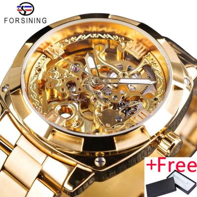 Forsiing นาฬิกาแบรนด์ชั้นนำเครื่องจักรกลอัตโนมัติของผู้ชาย GMT1091-5 2018ย้อนยุคแนวแฟชั่นนาฬิกาหน้าเปลือยมือเรืองแสงดีไซน์หรูหราสีทอง