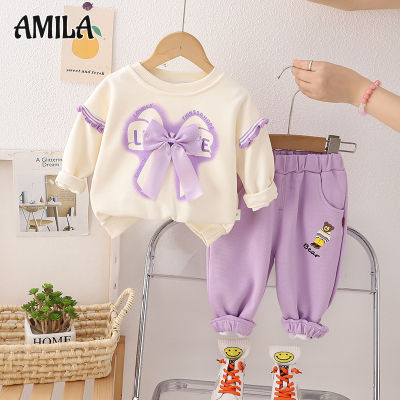 AMILA เสื้อสเวตเตอร์ลำลองสำหรับเด็ก,ชุดกีฬา2ชิ้นเสื้อแขนยาว + กางเกงน่ารักแฟชั่นโบว์เด็กผู้หญิงใหม่