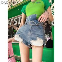 DaDuHey? Korean-Style Retro Womens New Straight High Waist Stretch Jeans Slimming and Wide Leg Split Shorts