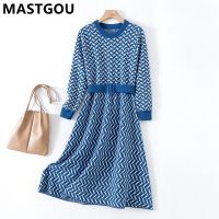 MASTGOU Geometric ถักยาวผู้หญิง A Line เสื้อกันหนาวชุดเข็มขัดฤดูใบไม้ร่วงฤดูหนาว Elegant Party Midi ชุดคริสต์มาสปาร์ตี้ Dresses