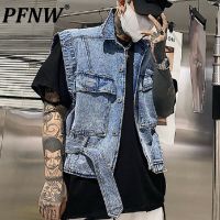 PFNW Spring Autumn New Mens Cargo Pocket Denim Vests Fashion Personality Handsome High Street Tide Chic Slim Jackets 12A7784