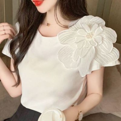 YIGE 2023 summer three-dimensional flower decoration beaded pure cotton short-sleeved t-shirt female Korean loose top