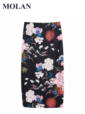 MOLAN Fashion Woman Skirt Print Floral Slits Casual High Waist  Summer New Vintage Female Fashion Chic Skirt