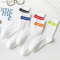 ♗❧ White Socks Women Japanese Style Fashion Striped Sport Socks Soft Breathable Solid Color High School Students Cotton Long Socks