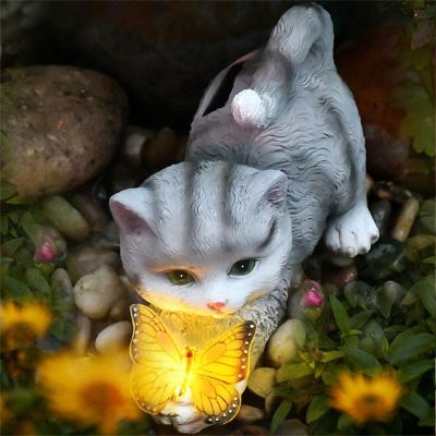 Cat Statues Butterfly LED Solar Light Garden Resin Statues Outdoor Decorative Lamp Lawn Patio Yard Porch Sunlight Ornament