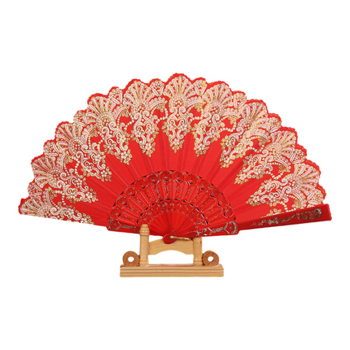 Retro Folding Hand Fan Plastic Gold Powder Craft Fan White Wedding 