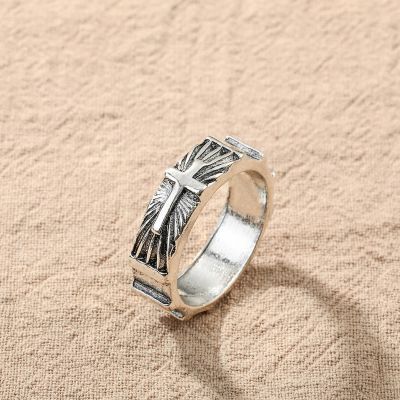 Kinitial April Anéis masculinos de prata feitos à mão com cruz de aço inoxidável anéis de casamento masculinos Christian Cross Adhesives Tape