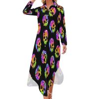 Sugar Skull Ombre Chiffon Dress Halloween Skulls Art Elegan Dresses Aesthetic Casual Dress Summer V Neck Print Oversized Clothes