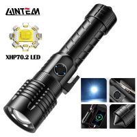 Super Bright XHP70.2 Powerful Led Flashlight Power Bank Torch Light Type-C Rechargeable Tactical Flashlight with Safety Hammer Diving Flashlights