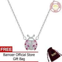 BAMOER ของแท้925เงินสเตอร์ลิงสีชมพู CZ แมลงเต่าทองสร้อยคอจี้สำหรับผู้หญิงขนาด45ซม. ของขวัญเด็กเครื่องประดับอย่างดี SCN400