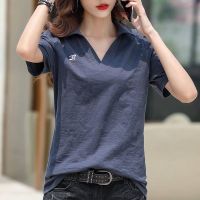 COD DSFERTRETRE Summer Short Sleeve 100 Cotton T Shirts Women Clothes Korean Style Wild Casual Polo Neck Tee New Fashion Ladies Tops