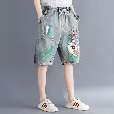 6870 Women Summer Fashion Korea Style Ripped Vintage Funny Rabbit Cartoon Print Oversize office Lady Casual Loose Denim Shorts