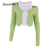 COD Letitia Robbins SweeticMe Womens New Two-piece Contrast Cardigan Long Sleeve T-Shirt