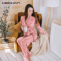 HECHAN Pink Velvet Pajamas Women Two Piece Set Warm Pocket Long Sleeve Robes And Pants Female Night Suit Casual Thick Sleepwear