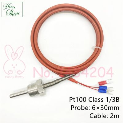 Waterproof High Precision PT100 Class 1/3B Temperature Sensor DN15 Thread Probe 6mm x 30mm 3 Wire 2m Silicone Cable