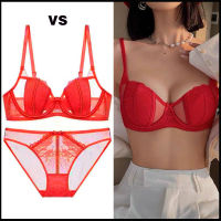 ร้อน, ร้อน★Victorian French sexy lace underwear thin section red underwear womens transparent gathered bra panties set bra