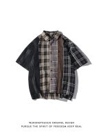 Summer trendy brand plaid color contrast stitching short-sleeved shirt mens and womens street loose niche all-match shirt 【BYUE】