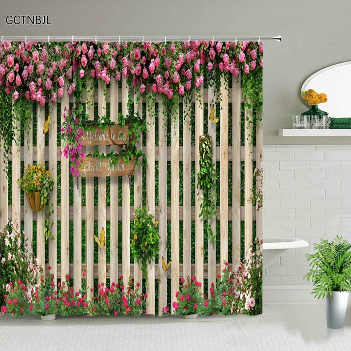 2ถนนดอกไม้พืชม่านอาบน้ำอาคารย้อนยุคประตูเก่าทิวทัศน์ชนบทพื้นหลังตกแต่งผนังแขวนผ้าม่านชุดที่มีตะขอ